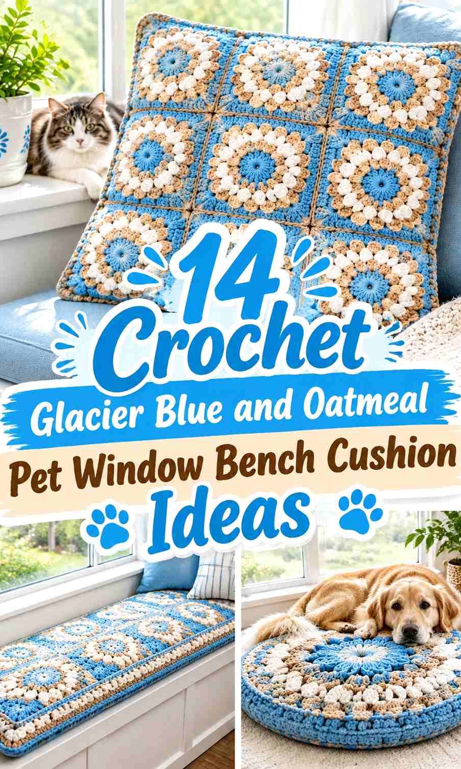 Crochet Glacier Blue and Oatmeal Pet Window Bench Cushion Ideas