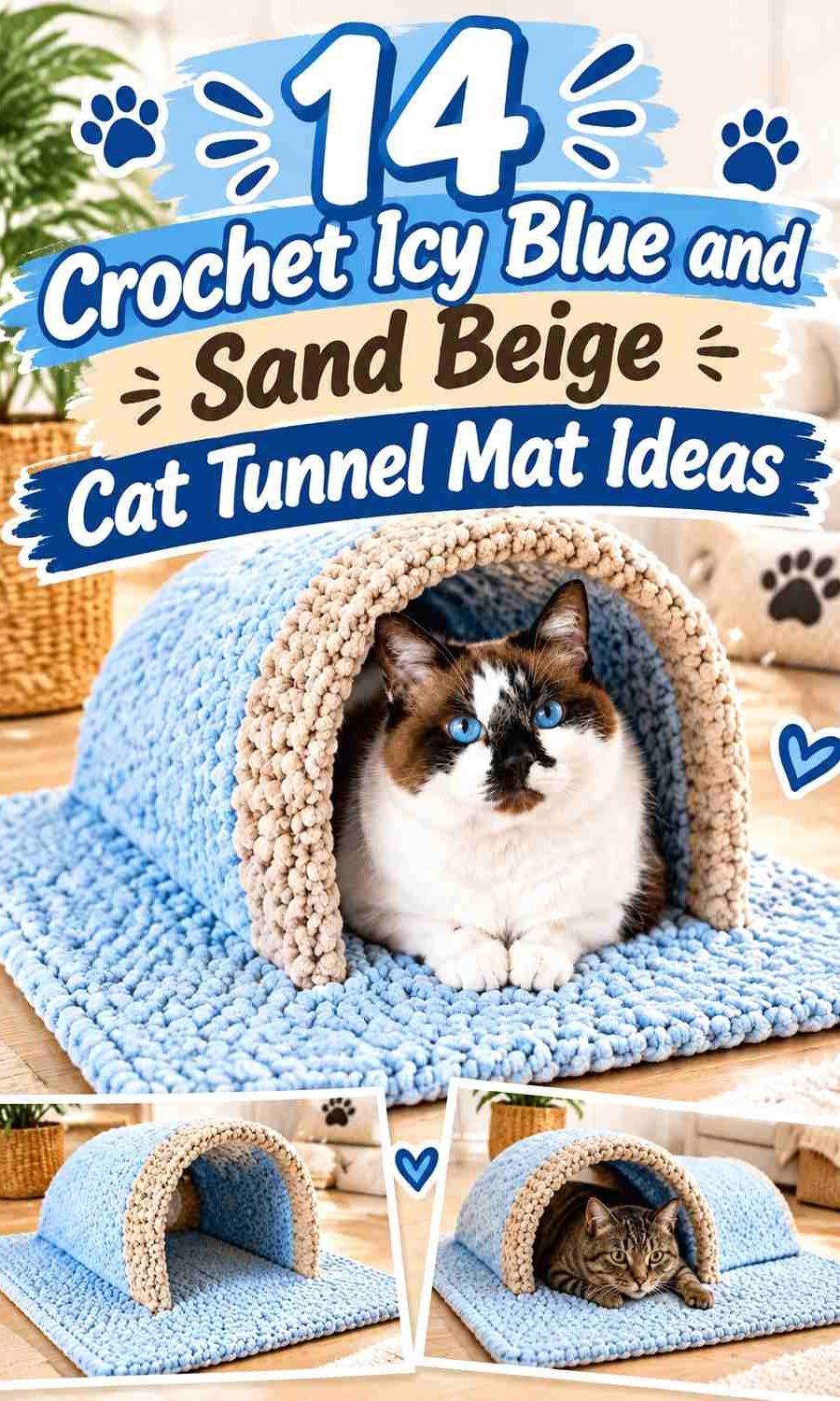 Crochet Icy Blue and Sand Beige Cat Tunnel Mat Ideas