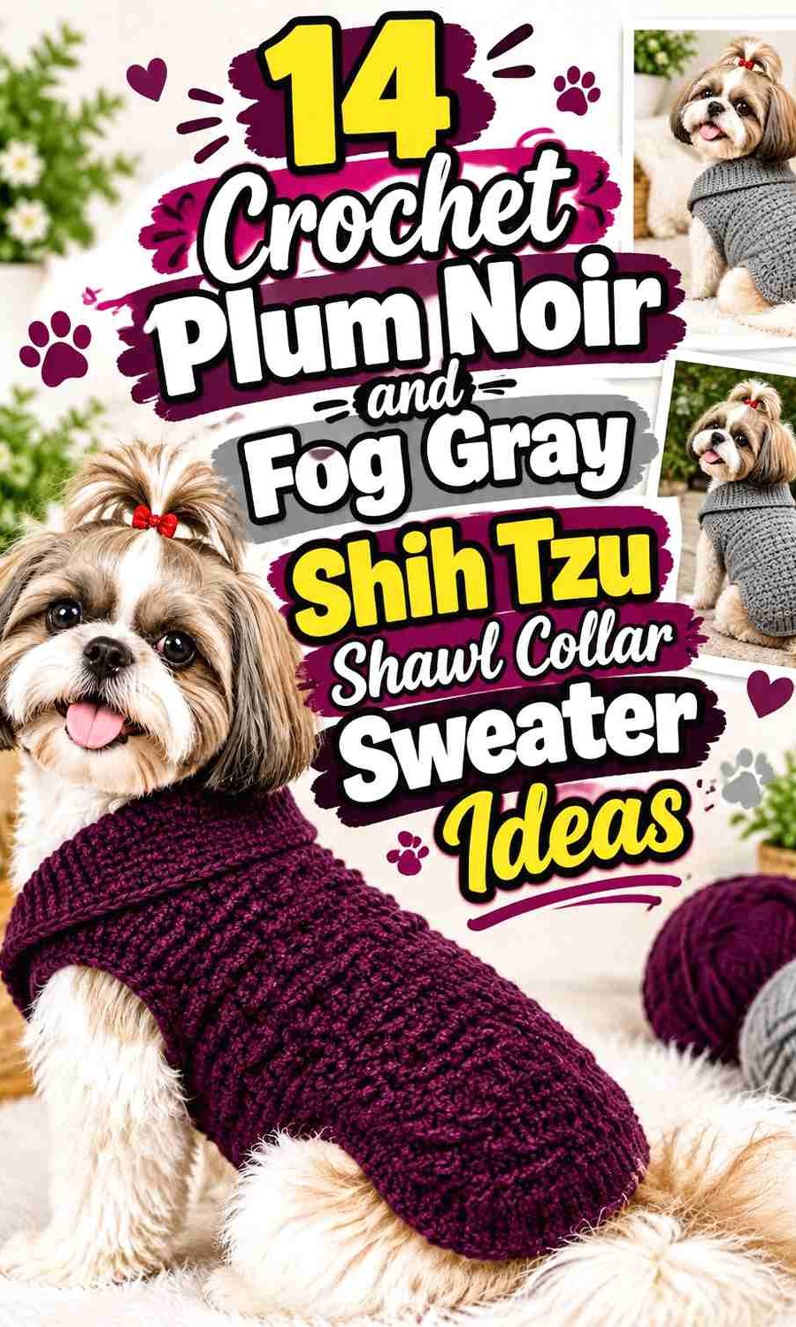 Crochet Plum Noir and Fog Gray Shih Tzu Shawl Collar Sweater Ideas
