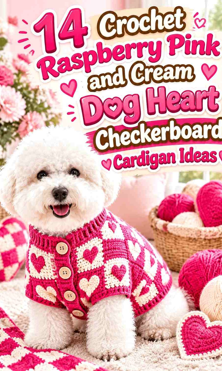 Crochet Raspberry Pink and Cream Dog Heart Checkerboard Cardigan Ideas