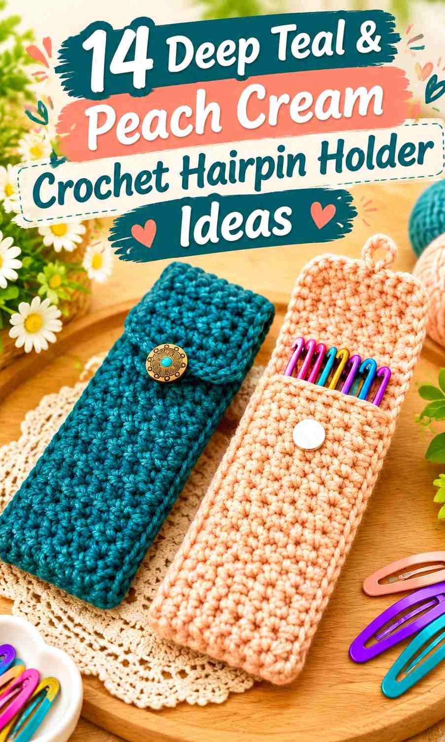 Deep Teal & Peach Cream Crochet Hairpin Holder Ideas