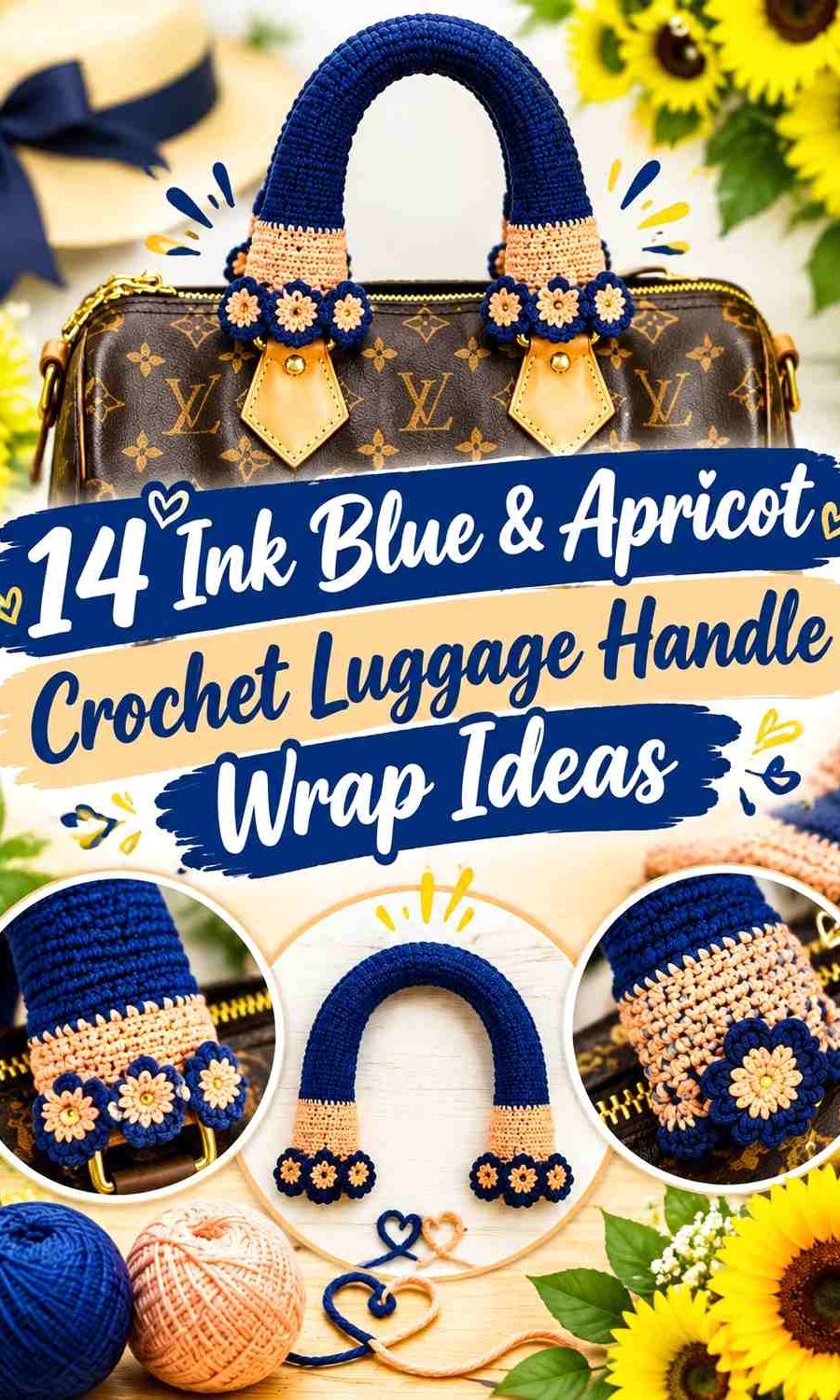 14 Ink Blue & Apricot Crochet Luggage Handle Wrap Ideas