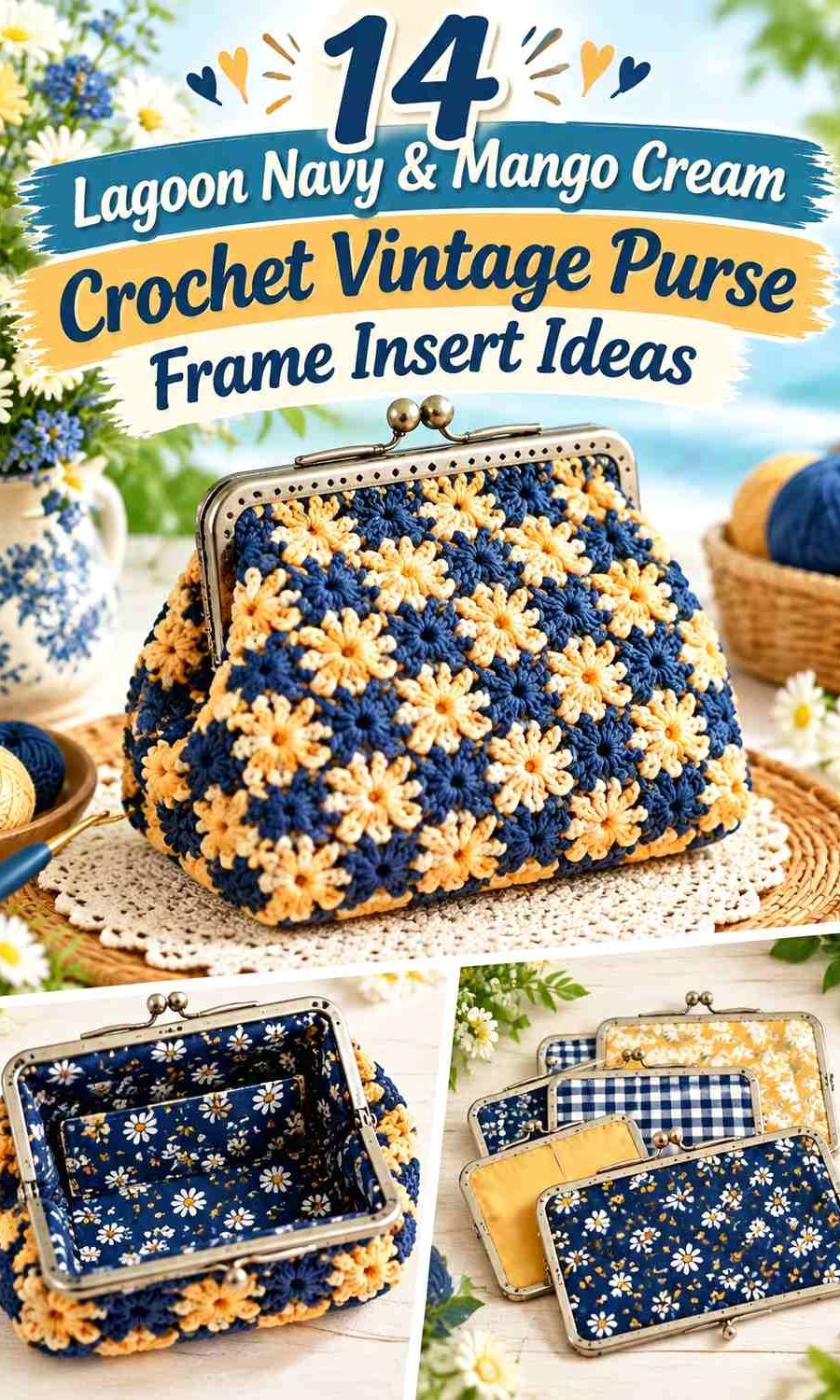 Lagoon Navy & Mango Cream Crochet Vintage Purse Frame Insert Ideas