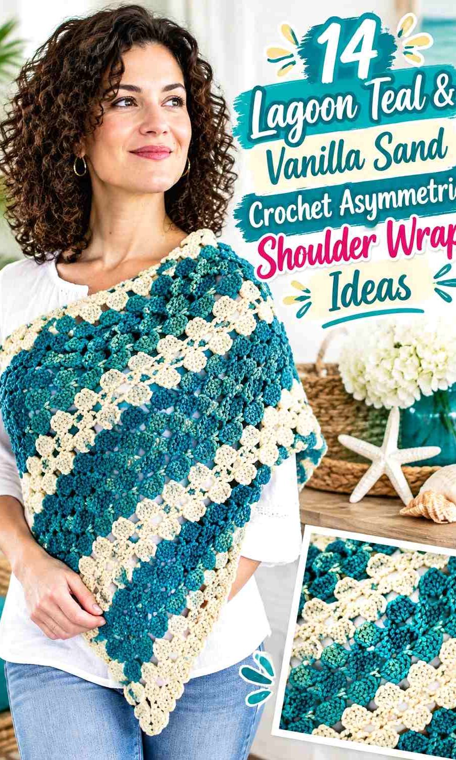 Lagoon Teal & Vanilla Sand Crochet Asymmetric Shoulder Wrap Ideas