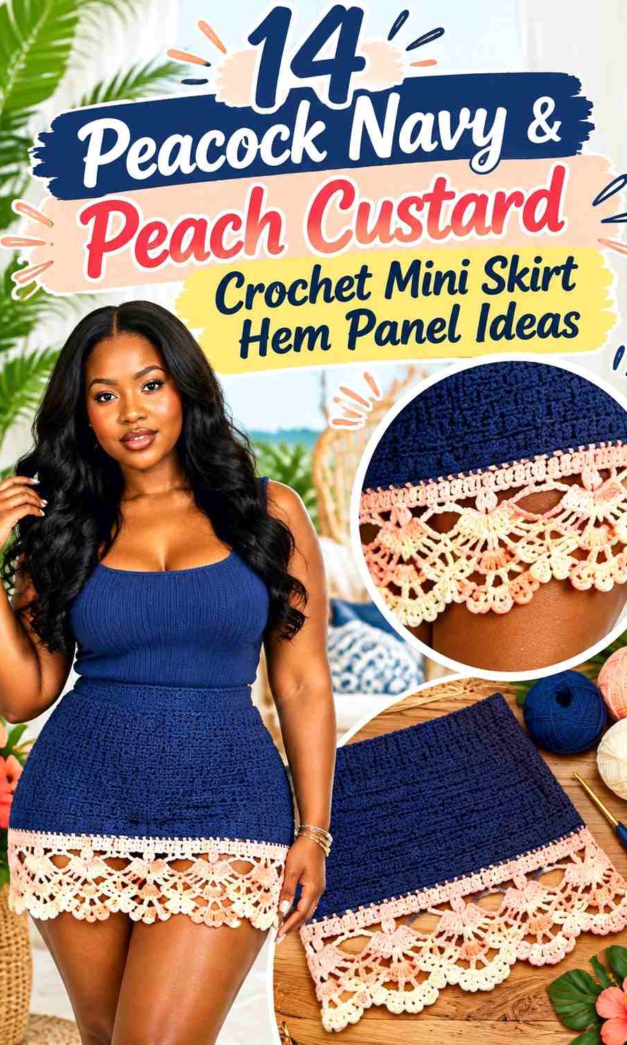Peacock Navy & Peach Custard Crochet Mini Skirt Hem Panel Ideas
