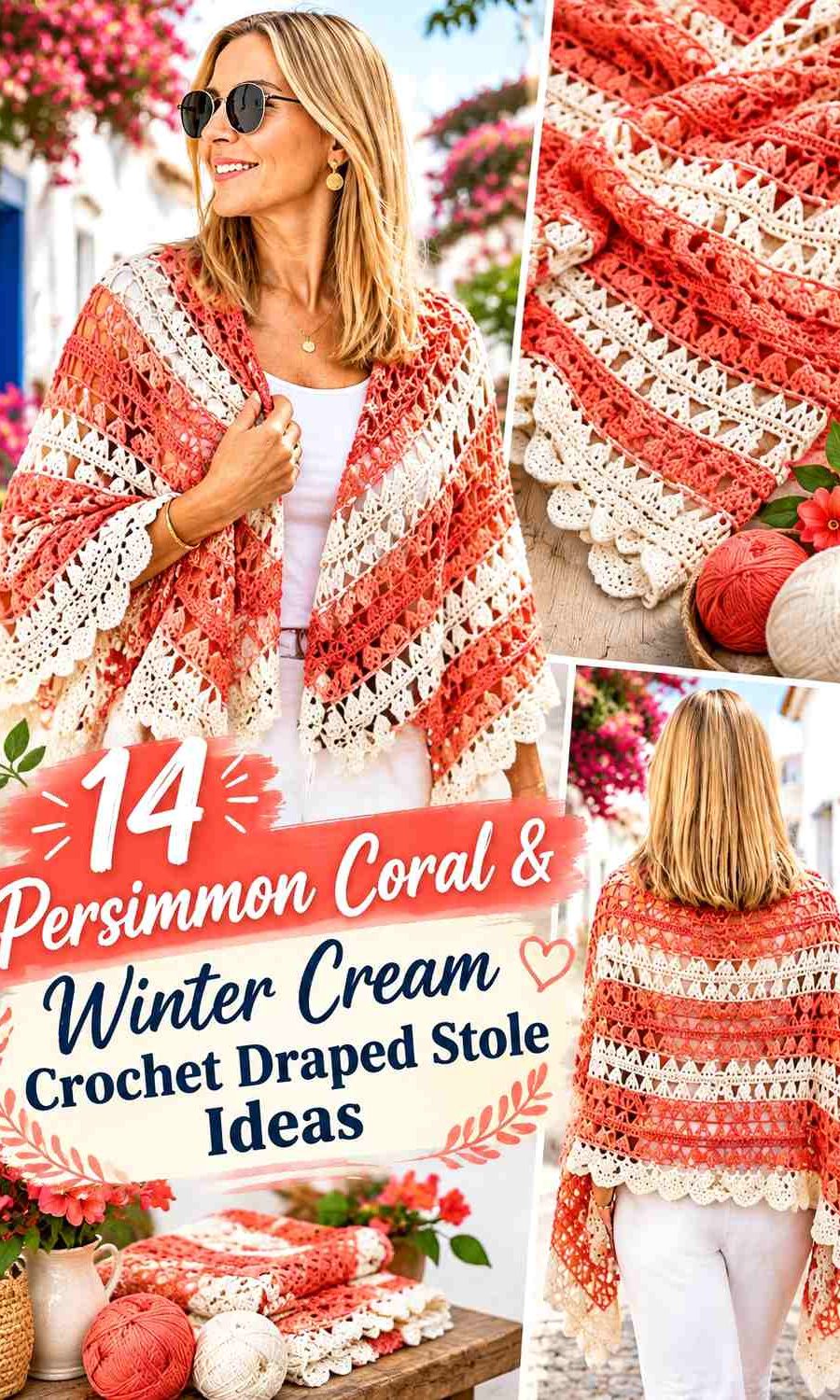 Persimmon Coral & Winter Cream Crochet Draped Stole Ideas