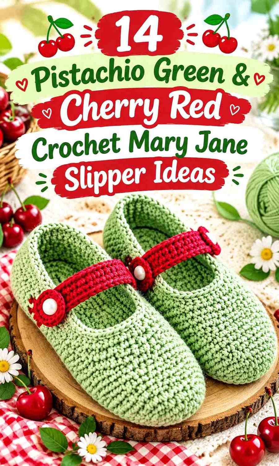 Pistachio Green & Cherry Red Crochet Mary Jane Slipper Ideas