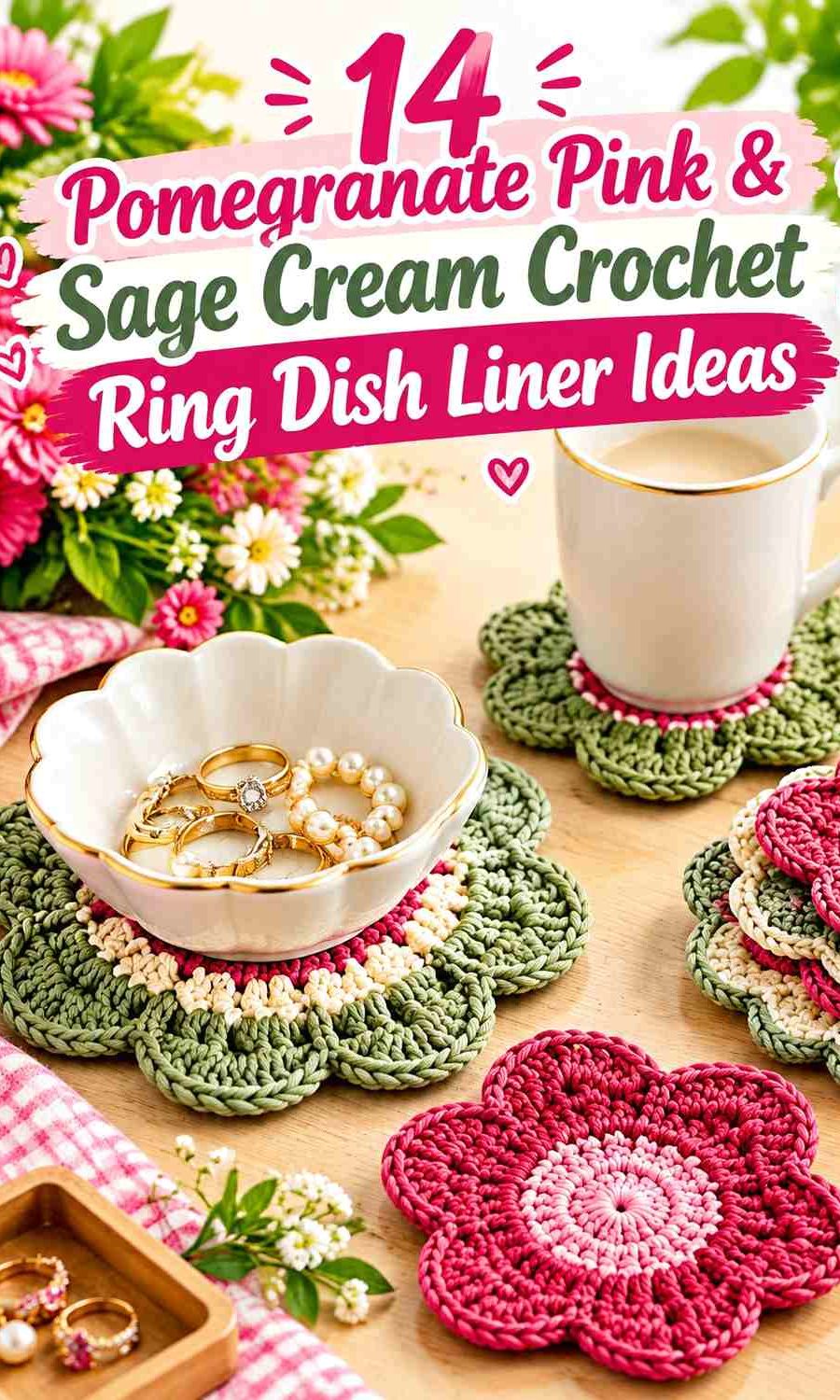Pomegranate Pink & Sage Cream Crochet Ring Dish Liner Ideas