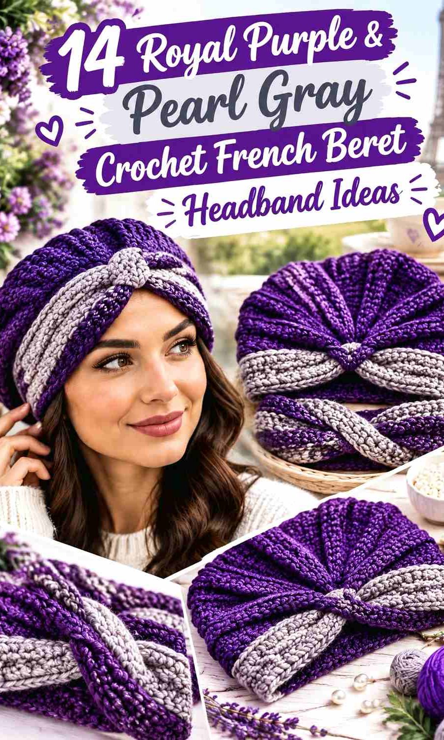 14 Royal Purple & Pearl Gray Crochet French Beret Headband Ideas