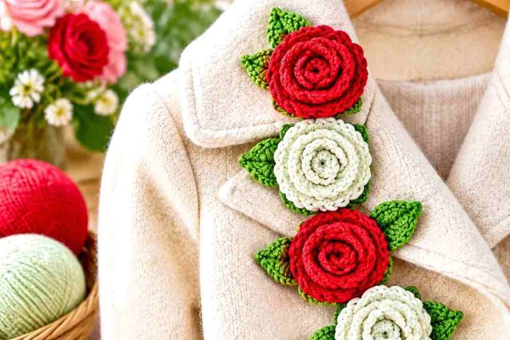 Vermilion Rose & Pistachio Cream Crochet Coat Button Rosette Ideas