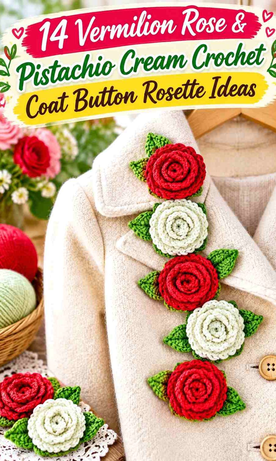 Vermilion Rose & Pistachio Cream Crochet Coat Button Rosette Ideas