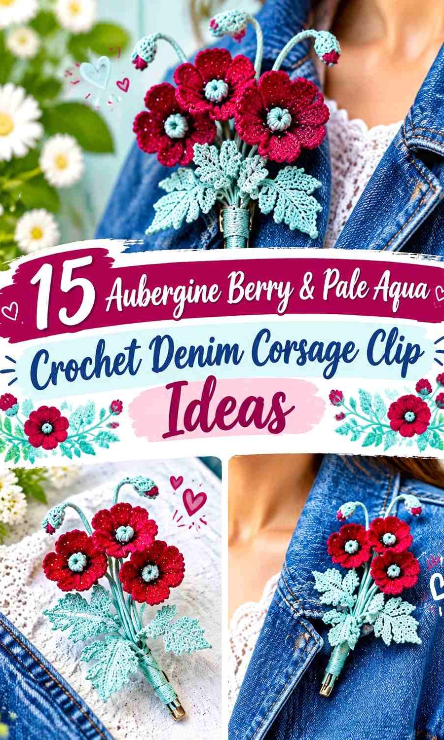Aubergine Berry & Pale Aqua Crochet Denim Corsage Clip Ideas
