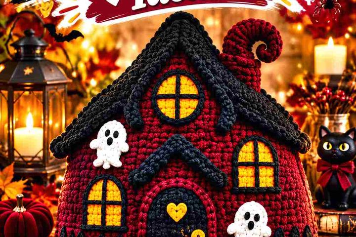15 Burgundy & Black Cherry Crochet Haunted House Pillow Ideas