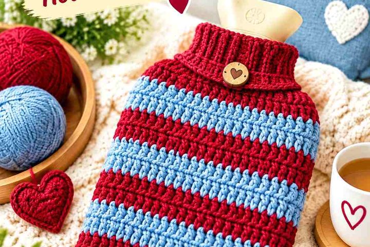 Carmine Red & Opal Blue Crochet Hot Water Bottle Cover Ideas