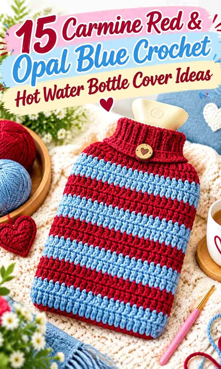 Carmine Red & Opal Blue Crochet Hot Water Bottle Cover Ideas