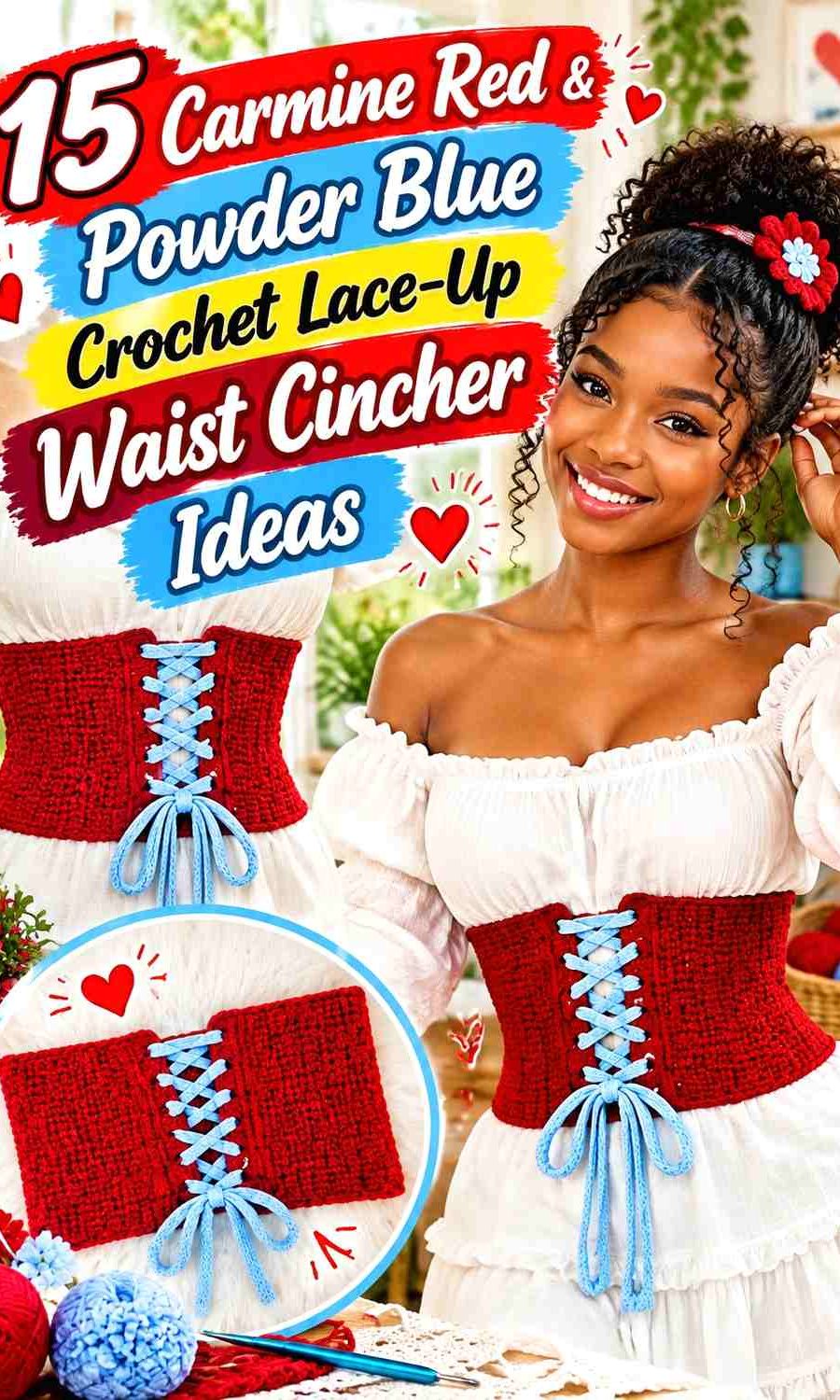 Carmine Red & Powder Blue Crochet Lace-Up Waist Cincher Ideas