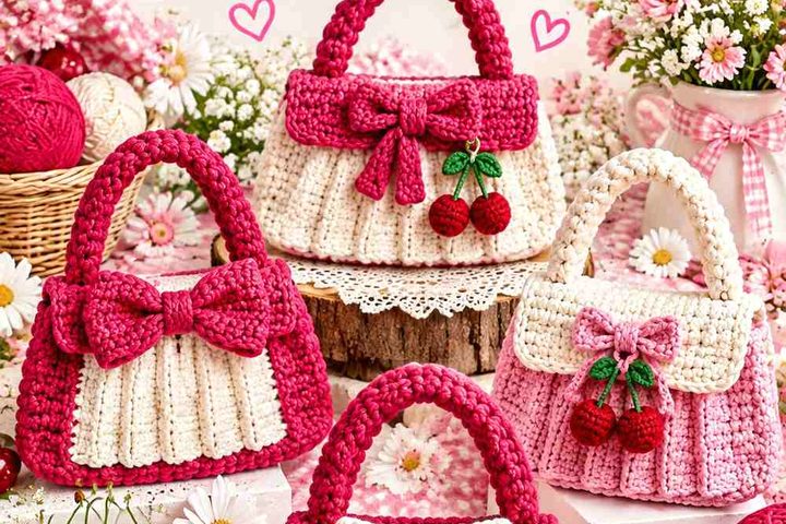 Cherry Pink & Cream Crochet Pleated Mini Handbag Ideas