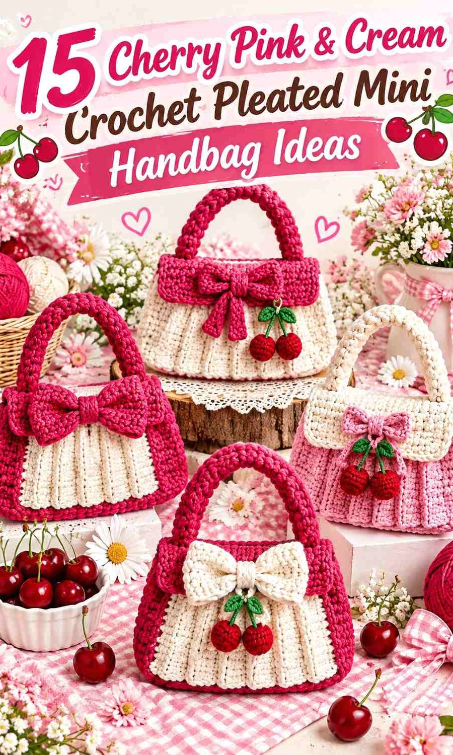 Cherry Pink & Cream Crochet Pleated Mini Handbag Ideas