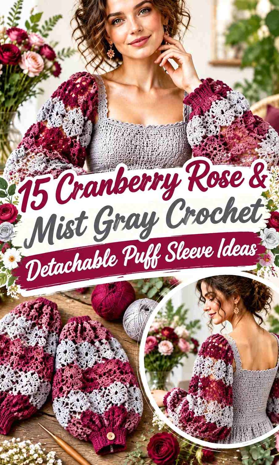 Cranberry Rose & Mist Gray Crochet Detachable Puff Sleeve Ideas