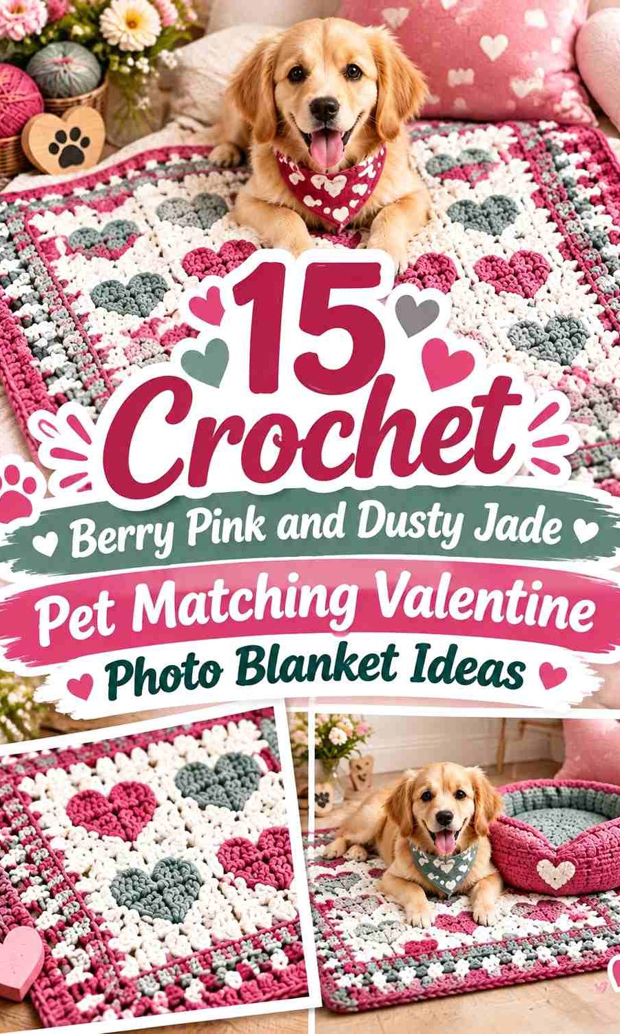 Crochet Berry Pink and Dusty Jade Pet Matching Valentine Photo Blanket Ideas