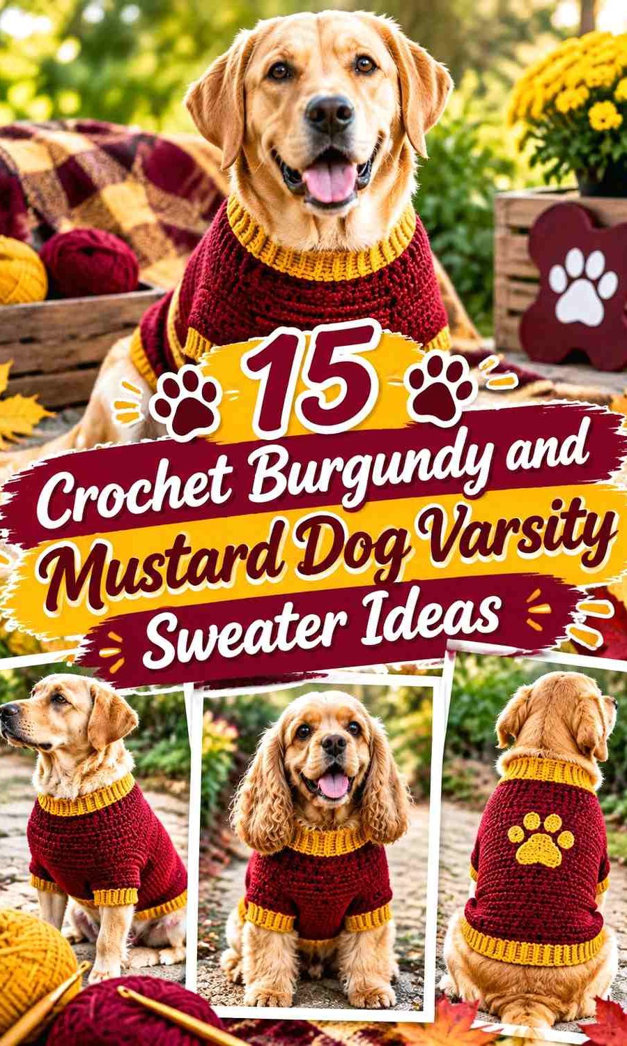 Crochet Burgundy and Mustard Dog Varsity Sweater Ideas