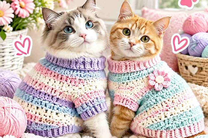 Crochet Cat Winter Sweater Ideas in Soft Pastel Colors