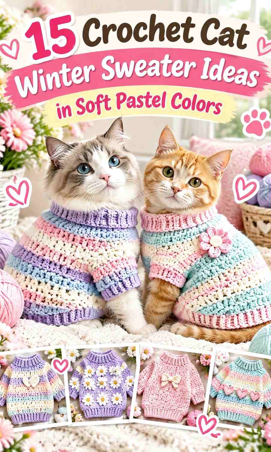 Crochet Cat Winter Sweater Ideas in Soft Pastel Colors