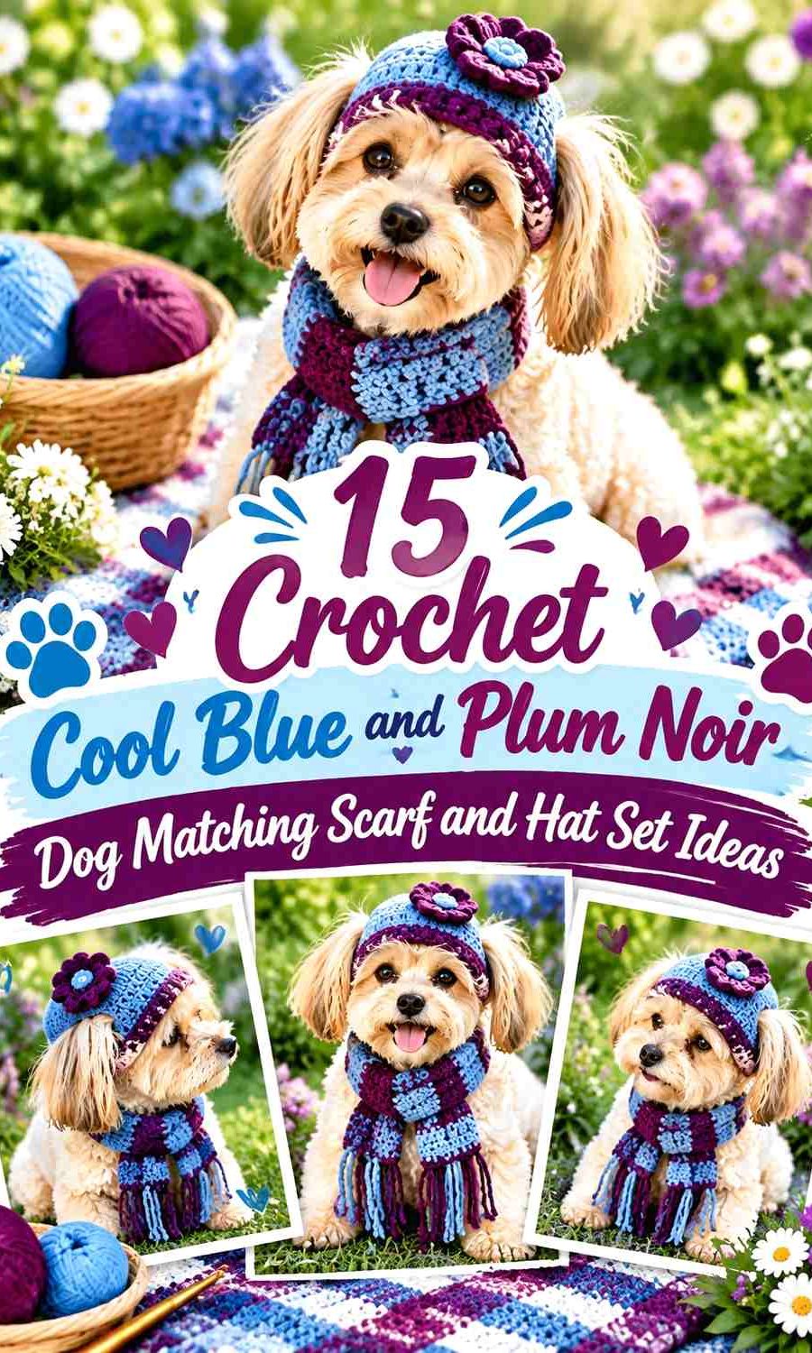 Crochet Cool Blue and Plum Noir Dog Matching Scarf and Hat Set Ideas