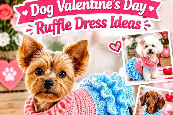 Crochet Coral Rose and Cool Blue Dog Valentine's Day Ruffle Dress Ideas