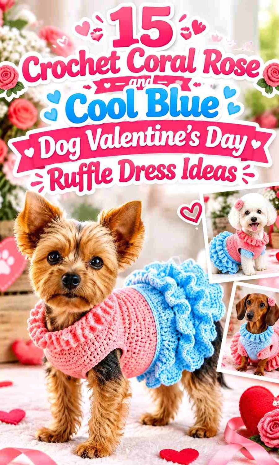 Crochet Coral Rose and Cool Blue Dog Valentine's Day Ruffle Dress Ideas