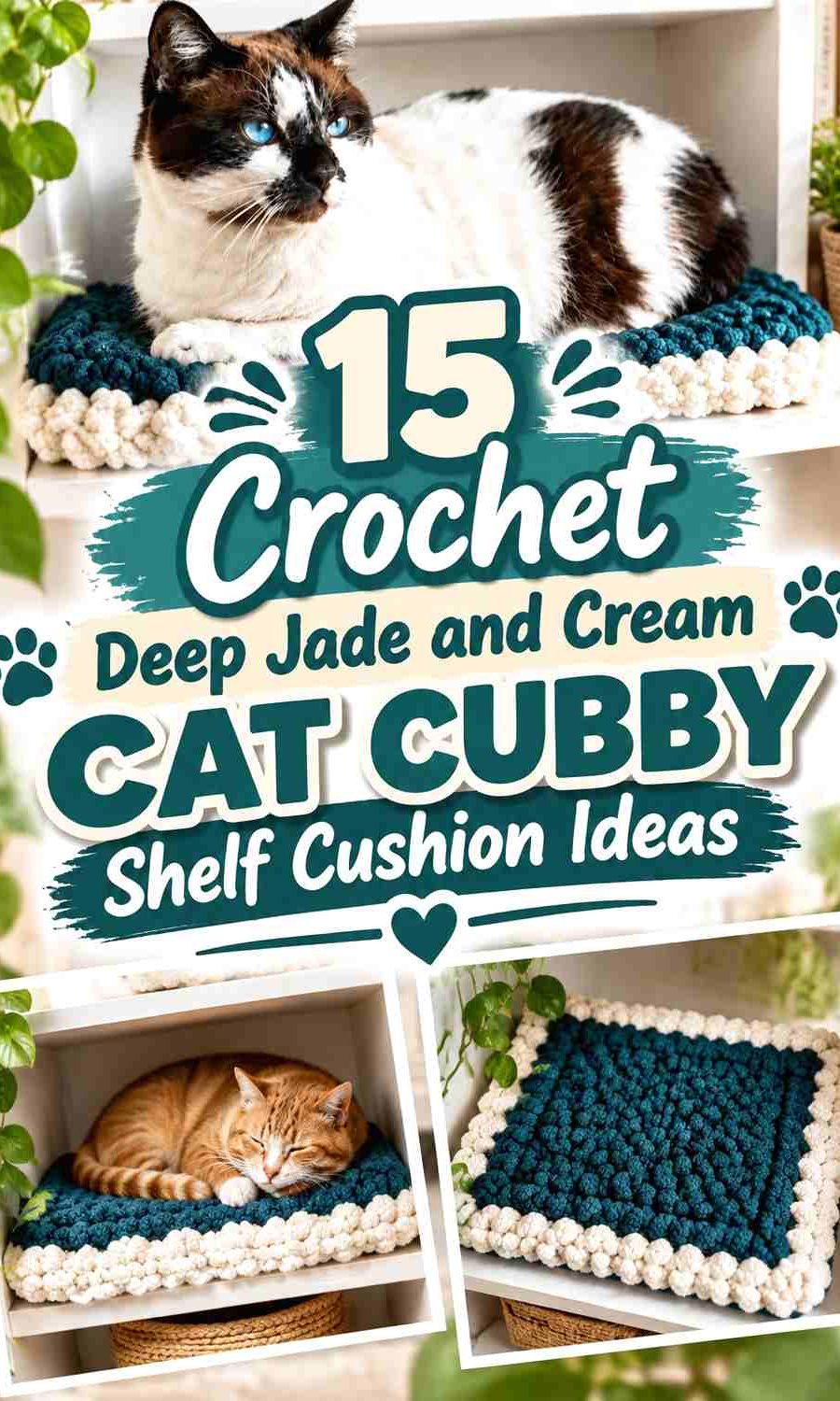 Crochet Deep Jade and Cream Cat Cubby Shelf Cushion Ideas
