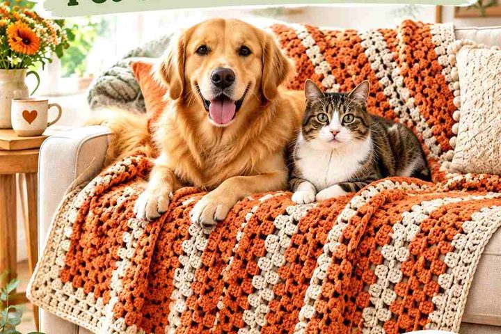 Crochet Persimmon and Oatmeal Pet Sofa Blanket Ideas