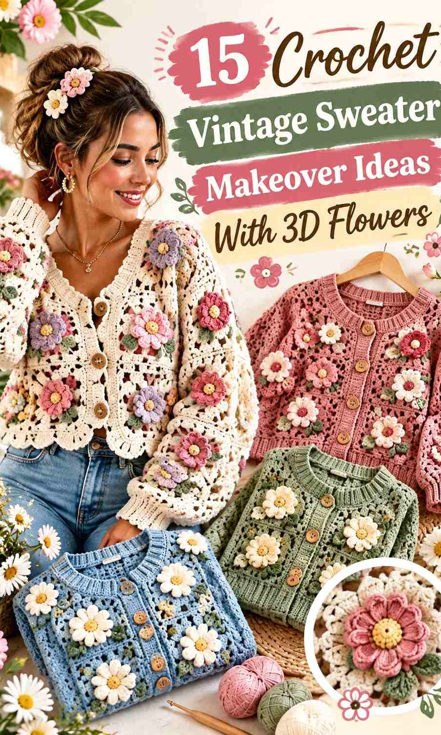 Crochet Vintage Sweater Makeover Ideas With 3D Flowers