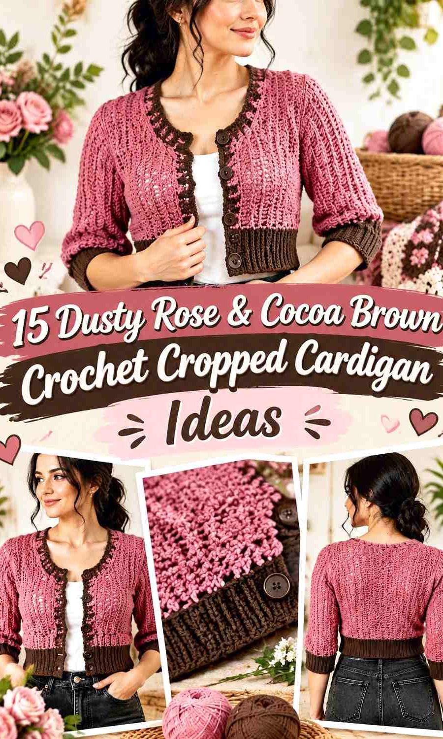Dusty Rose & Cocoa Brown Crochet Cropped Cardigan Ideas