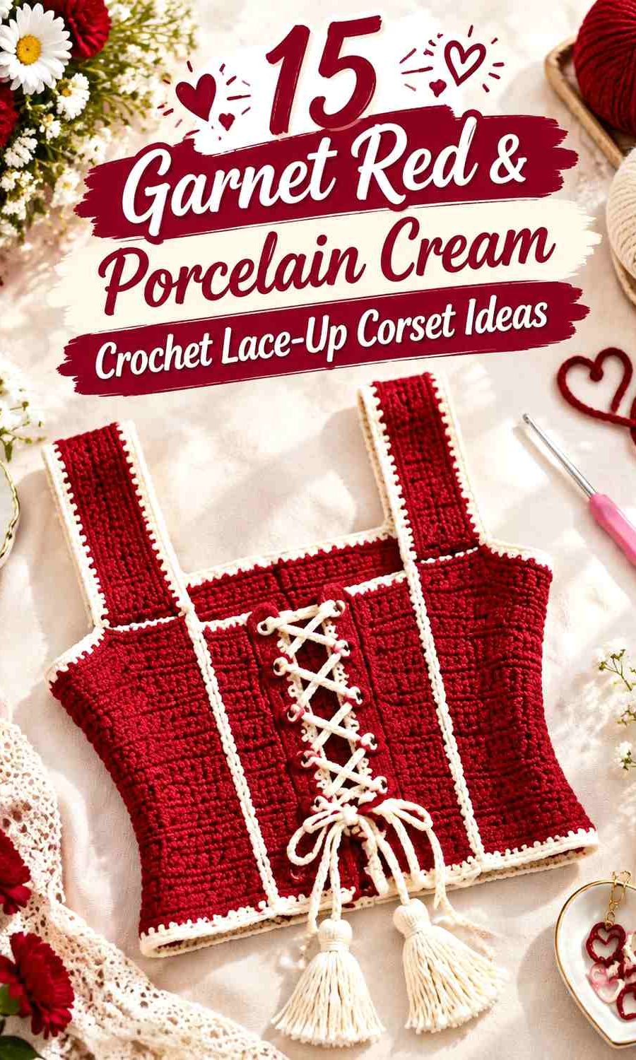 Garnet Red & Porcelain Cream Crochet Lace-Up Corset Ideas