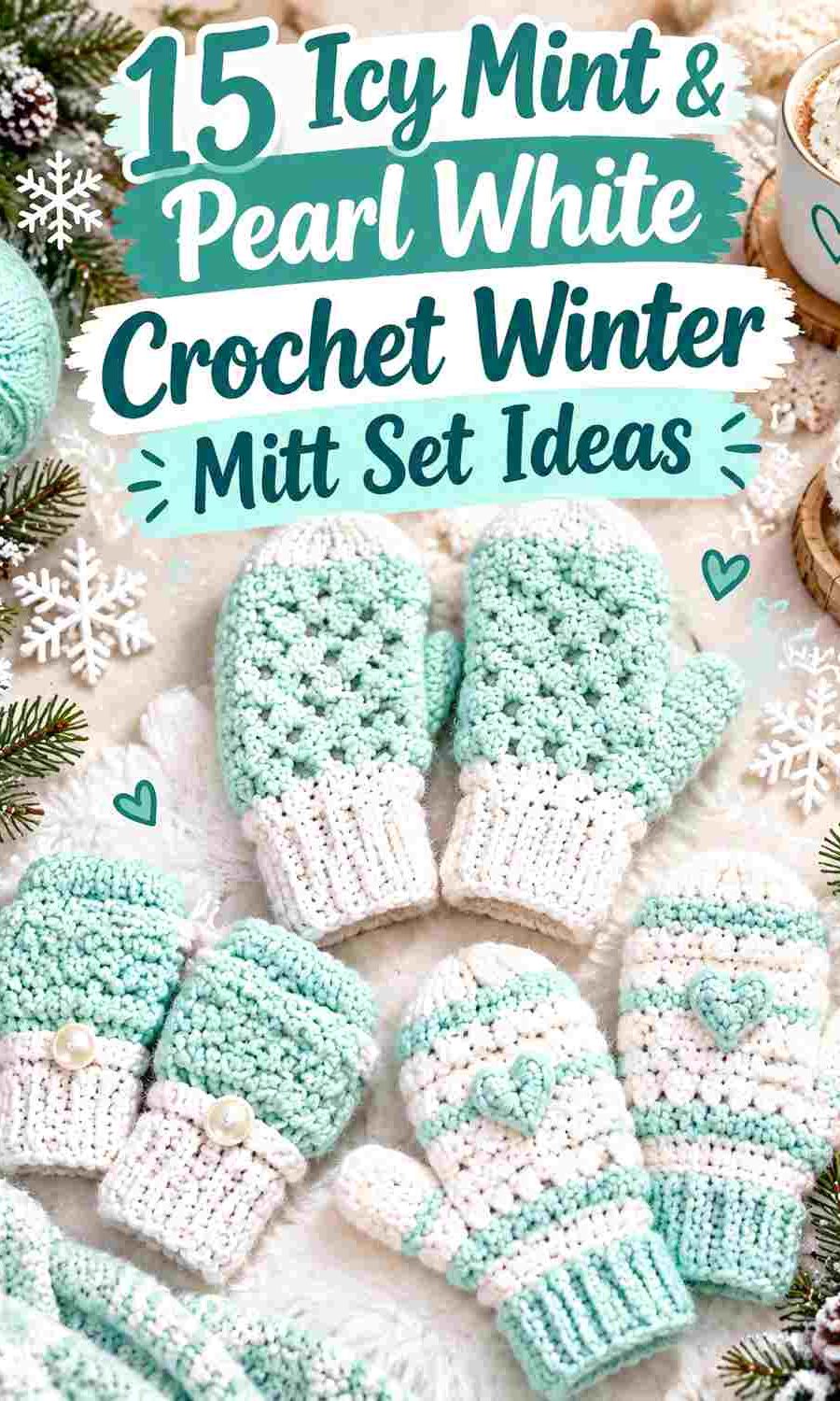 15 Icy Mint & Pearl White Crochet Winter Mitt Set Ideas