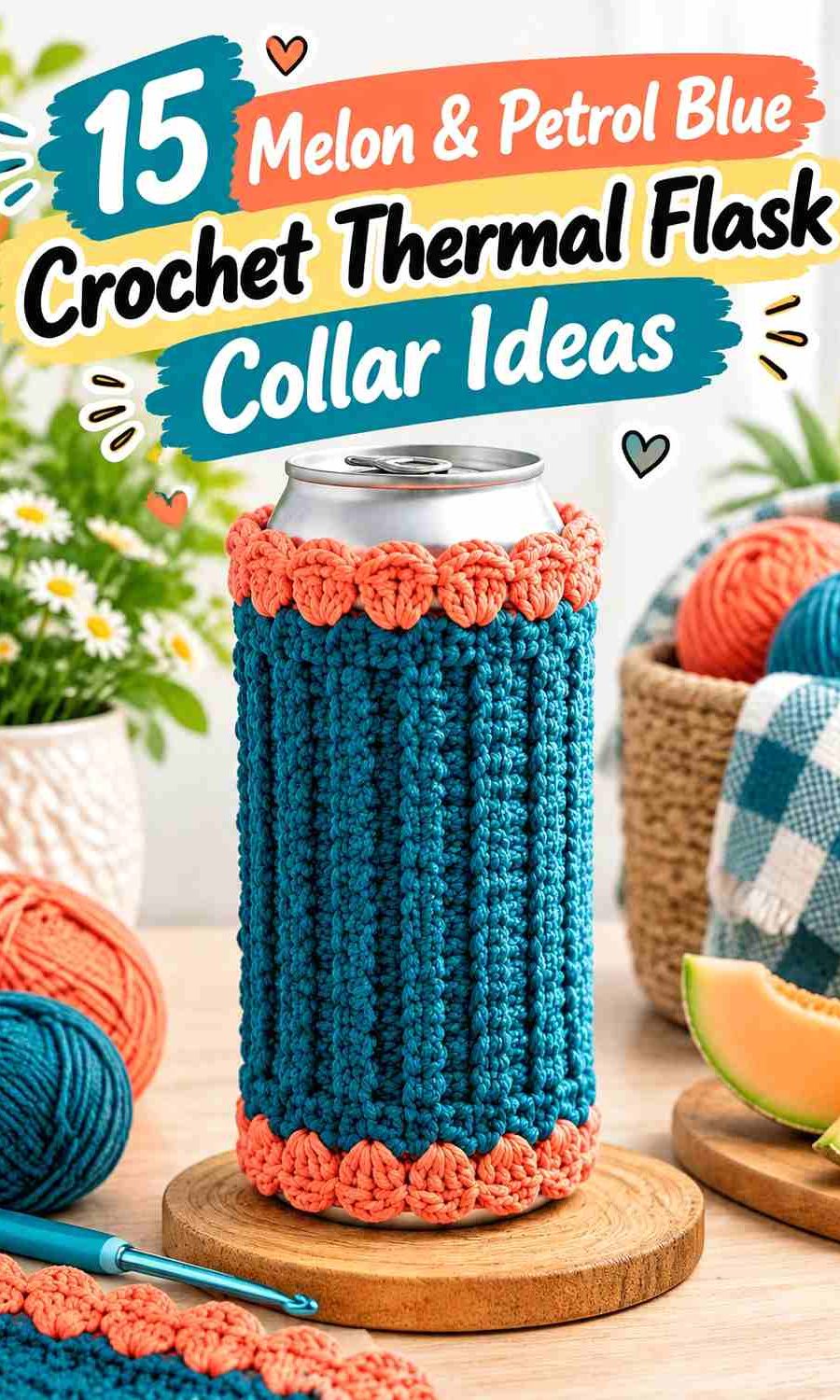 15 Melon & Petrol Blue Crochet Thermal Flask Collar Ideas