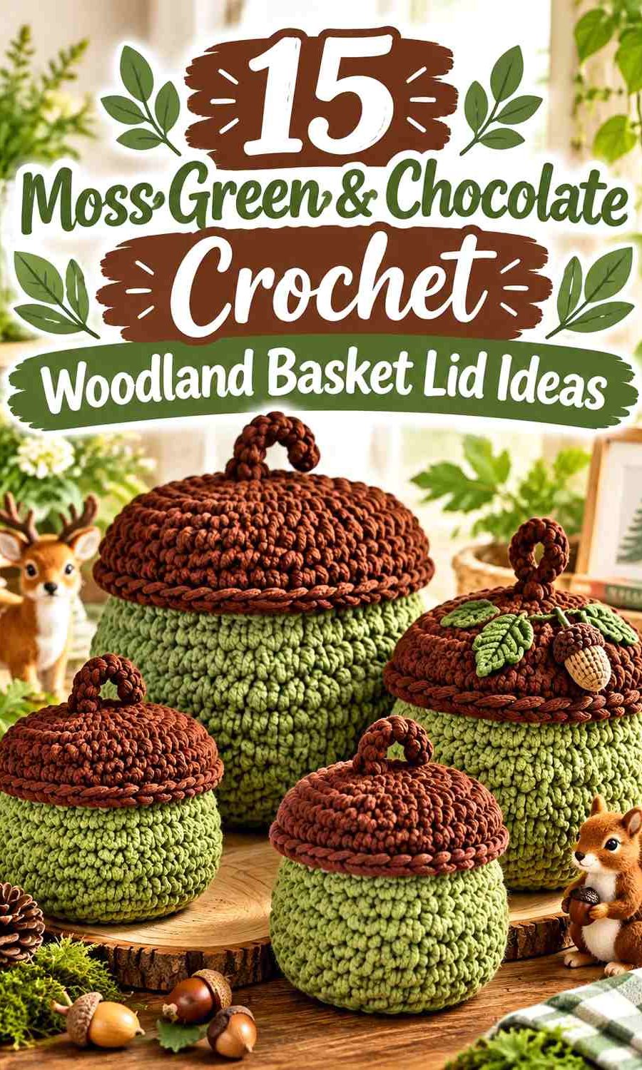 15 Moss Green & Chocolate Crochet Woodland Basket Lid Ideas