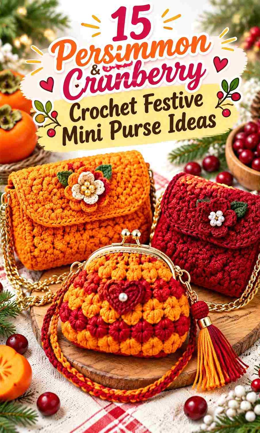15 Persimmon & Cranberry Crochet Festive Mini Purse Ideas