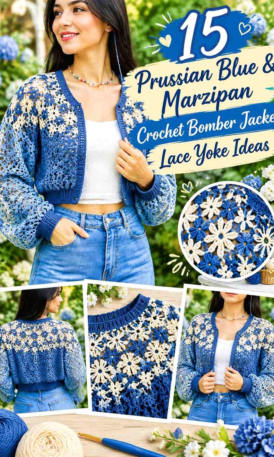 Prussian Blue & Marzipan Crochet Bomber Jacket Lace Yoke Ideas