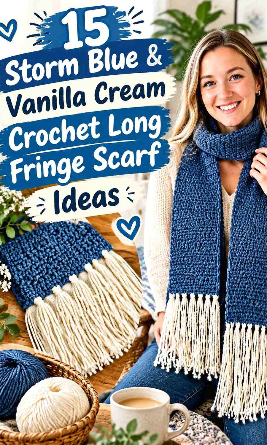 Storm Blue & Vanilla Cream Crochet Long Fringe Scarf Ideas