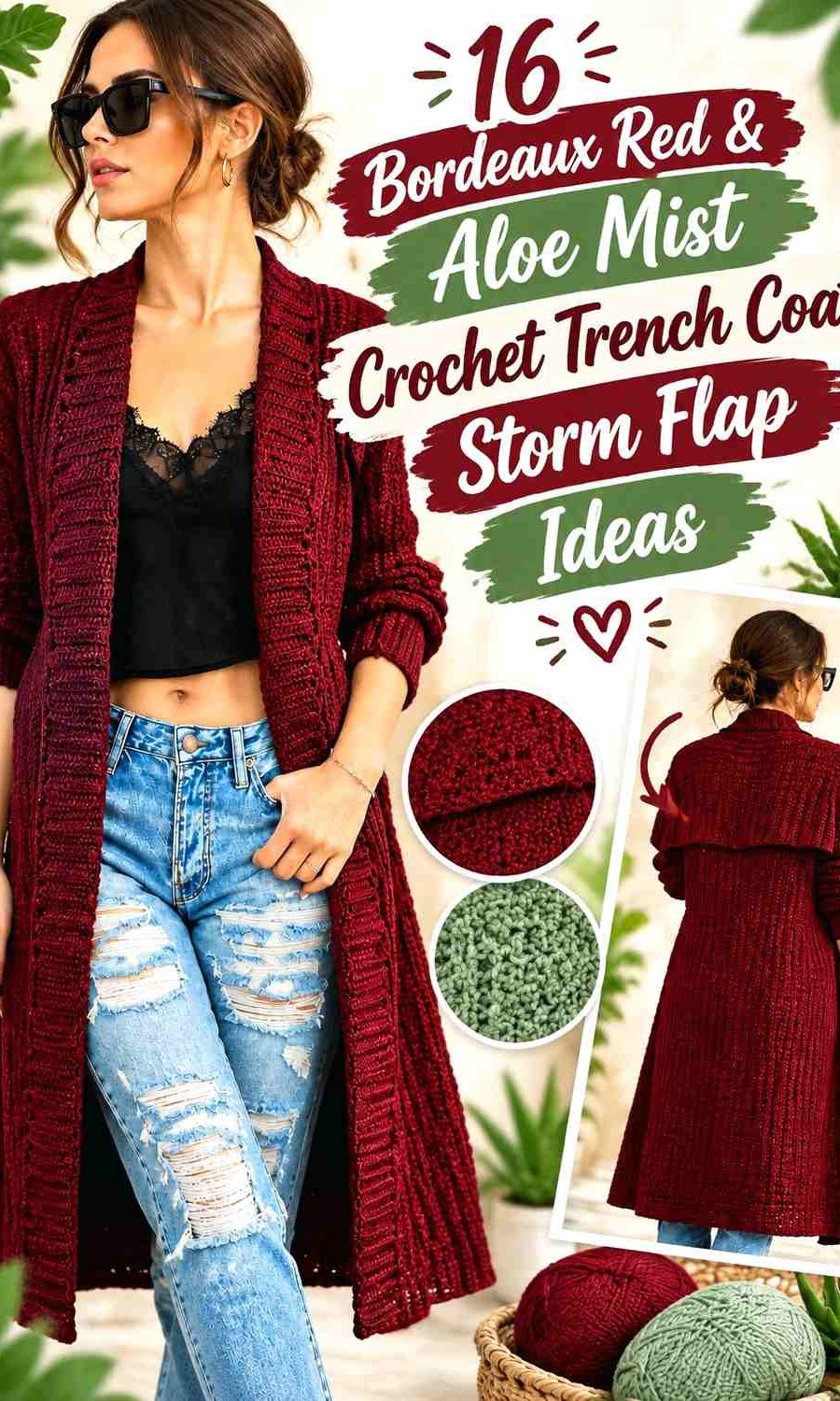 Bordeaux Red & Aloe Mist Crochet Trench Coat Storm Flap Ideas