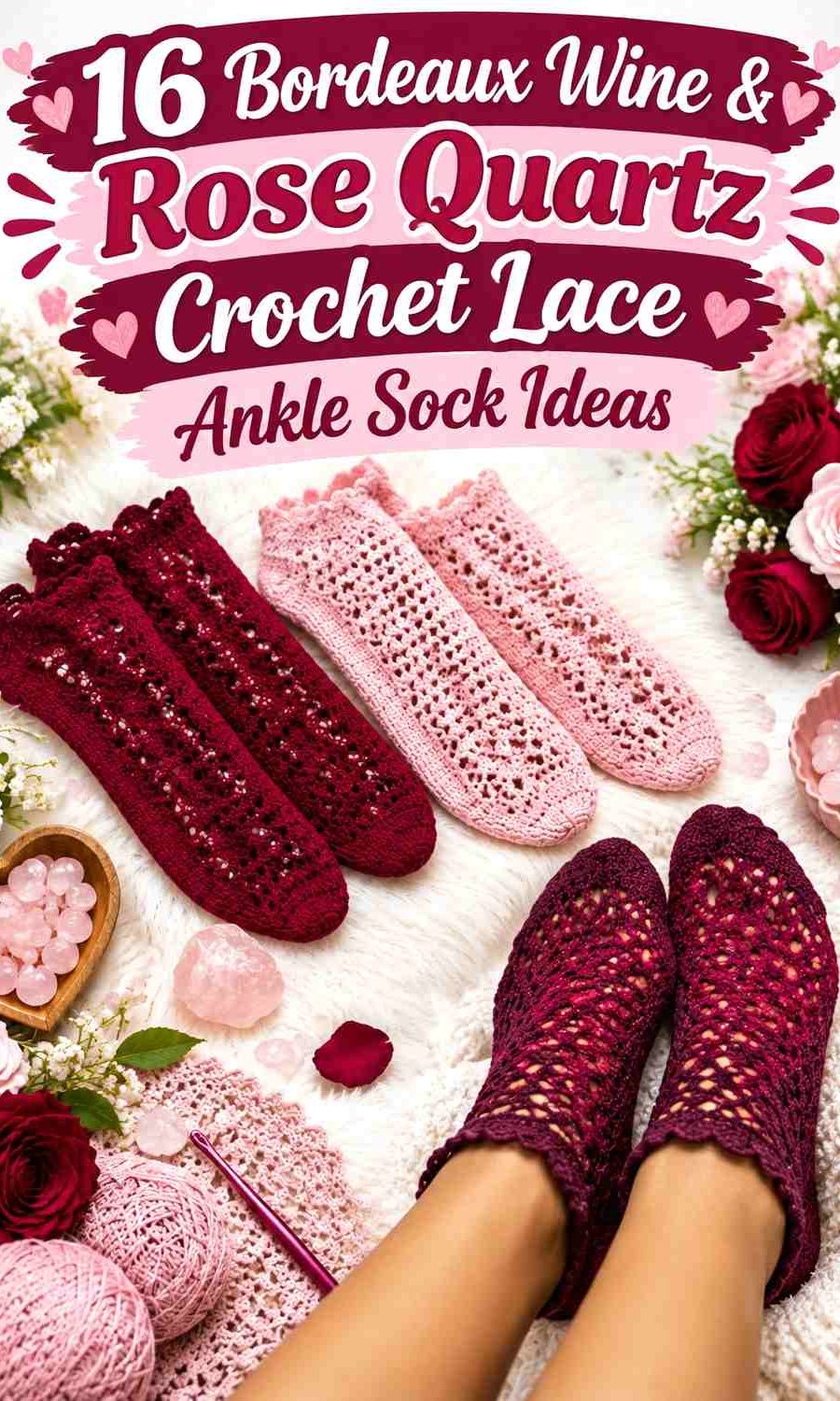 Bordeaux Wine & Rose Quartz Crochet Lace Ankle Sock Ideas