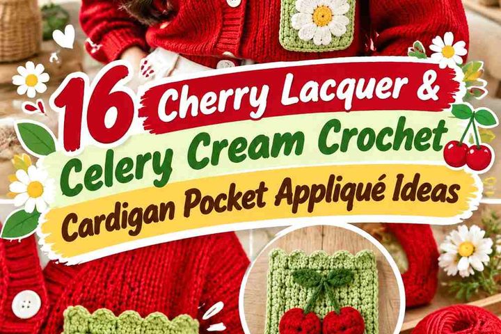 Cherry Lacquer & Celery Cream Crochet Cardigan Pocket Appliqué Ideas