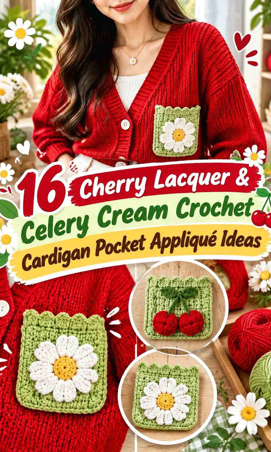 Cherry Lacquer & Celery Cream Crochet Cardigan Pocket Appliqué Ideas