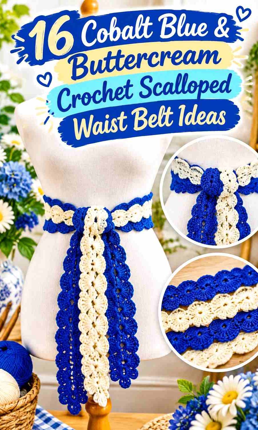 16 Cobalt Blue & Buttercream Crochet Scalloped Waist Belt Ideas