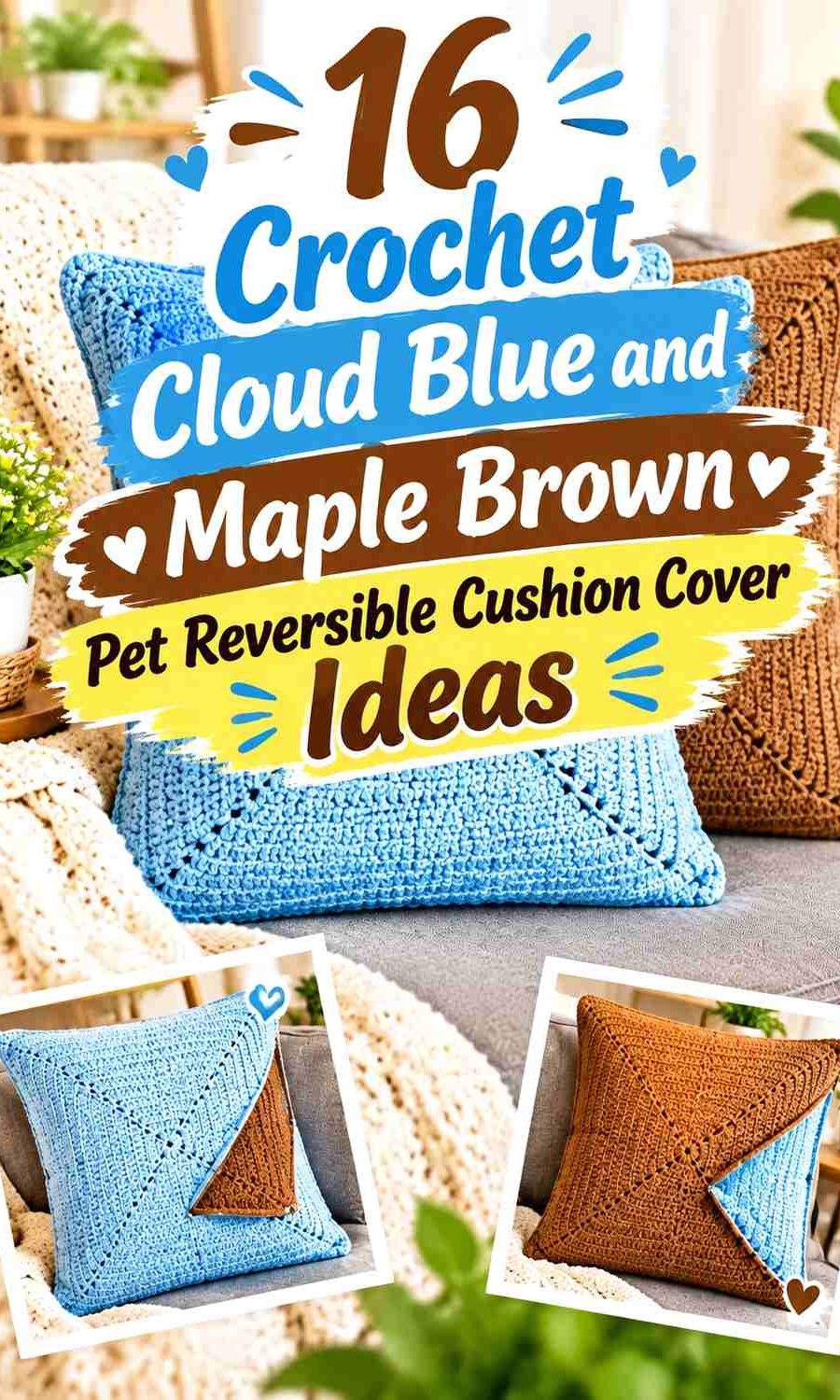 Crochet Cloud Blue and Maple Brown Pet Reversible Cushion Cover Ideas
