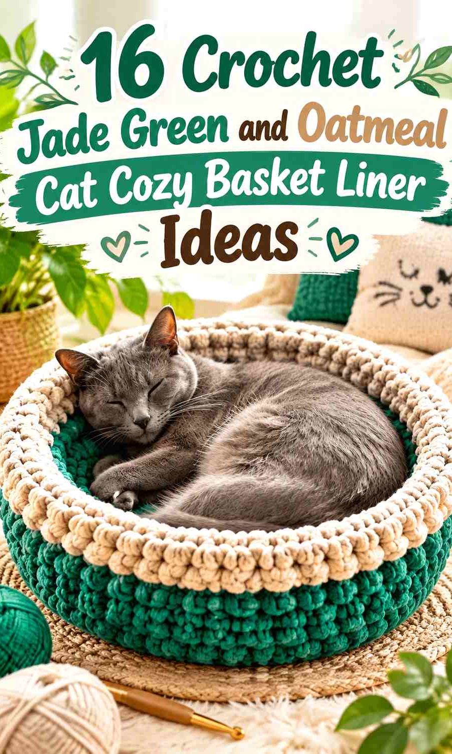 Crochet Jade Green and Oatmeal Cat Cozy Basket Liner Ideas