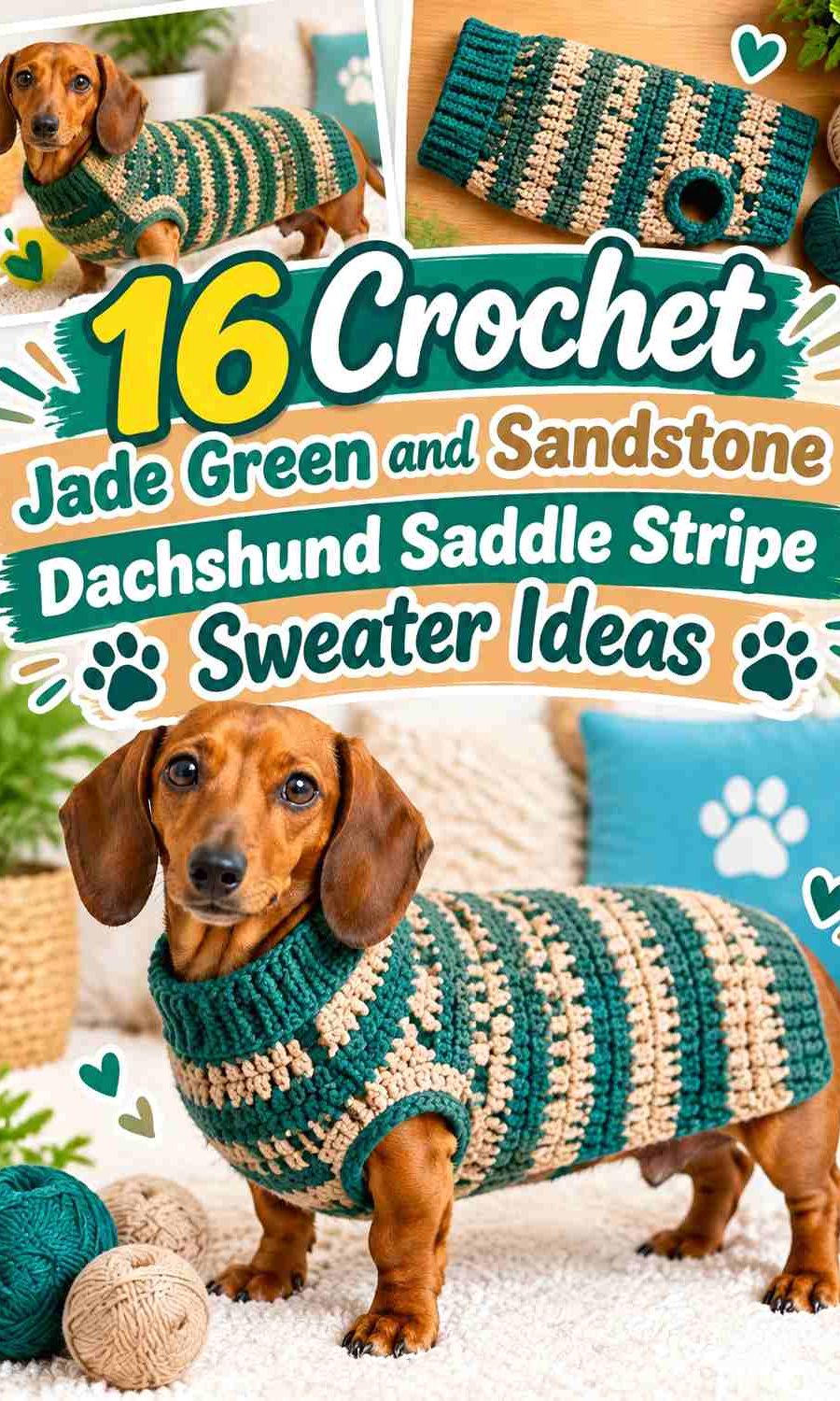 Crochet Jade Green and Sandstone Dachshund Saddle Stripe Sweater Ideas