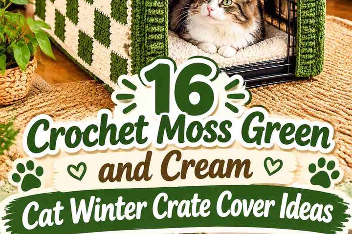 Moss Green Crochet Cat Winter Crate Cover With Cream Border